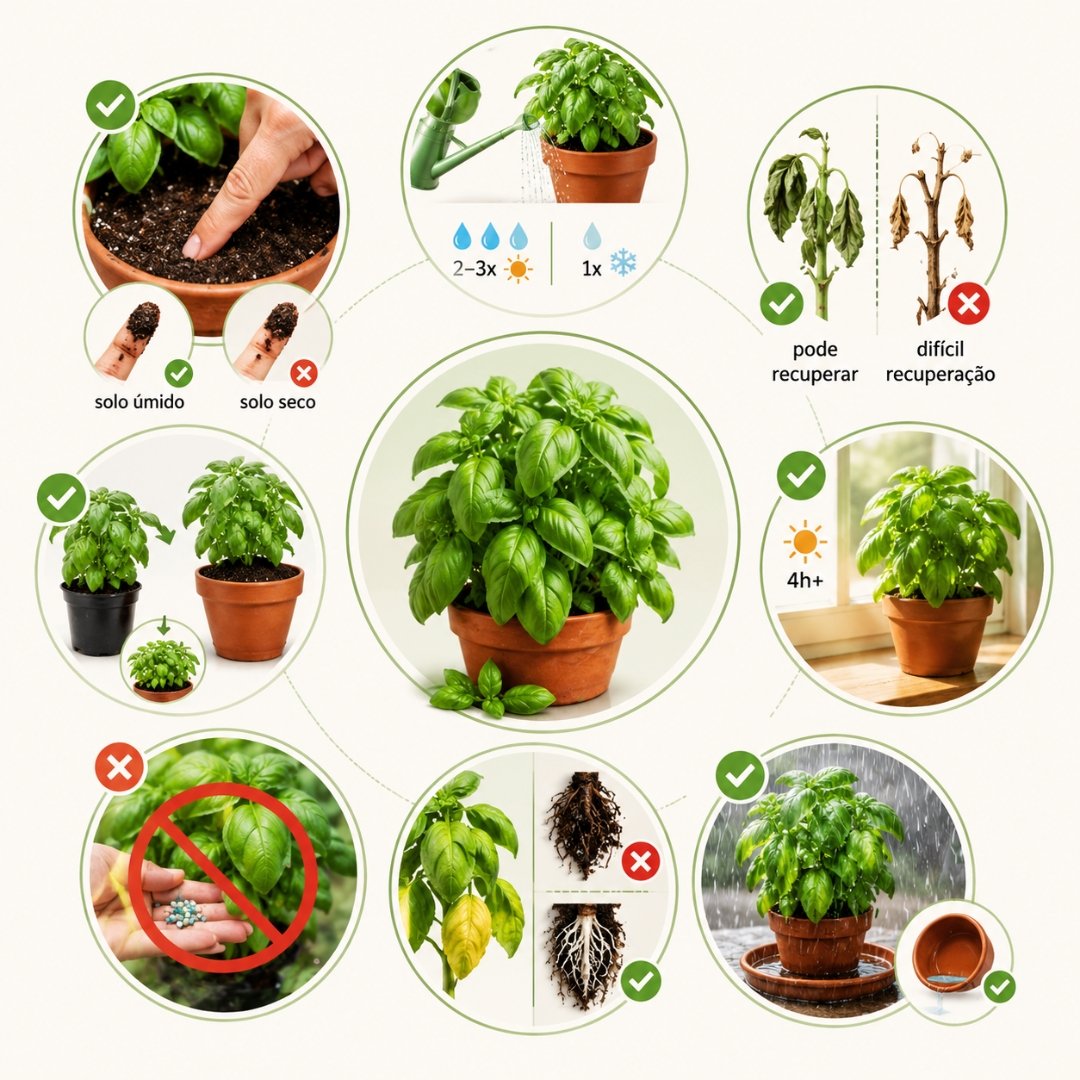 Infográfico ilustrado mostrando cuidados essenciais com manjericão murchando, incluindo teste de umidade do solo, rega correta, drenagem, iluminação e recuperação da planta