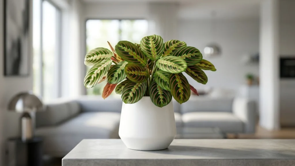 Fotografia profissional em plano médio de uma planta Maranta leuconeura erythroneura tricolor saudável e densa dentro de um vaso de cerâmica branca fosca, centralizada sobre uma bancada de concreto clean. Ao fundo, uma sala de estar moderna e iluminada por luz difusa está suavemente desfocada em efeito bokeh