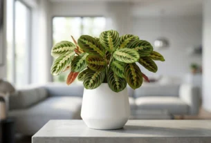Fotografia profissional em plano médio de uma planta Maranta leuconeura erythroneura tricolor saudável e densa dentro de um vaso de cerâmica branca fosca, centralizada sobre uma bancada de concreto clean. Ao fundo, uma sala de estar moderna e iluminada por luz difusa está suavemente desfocada em efeito bokeh