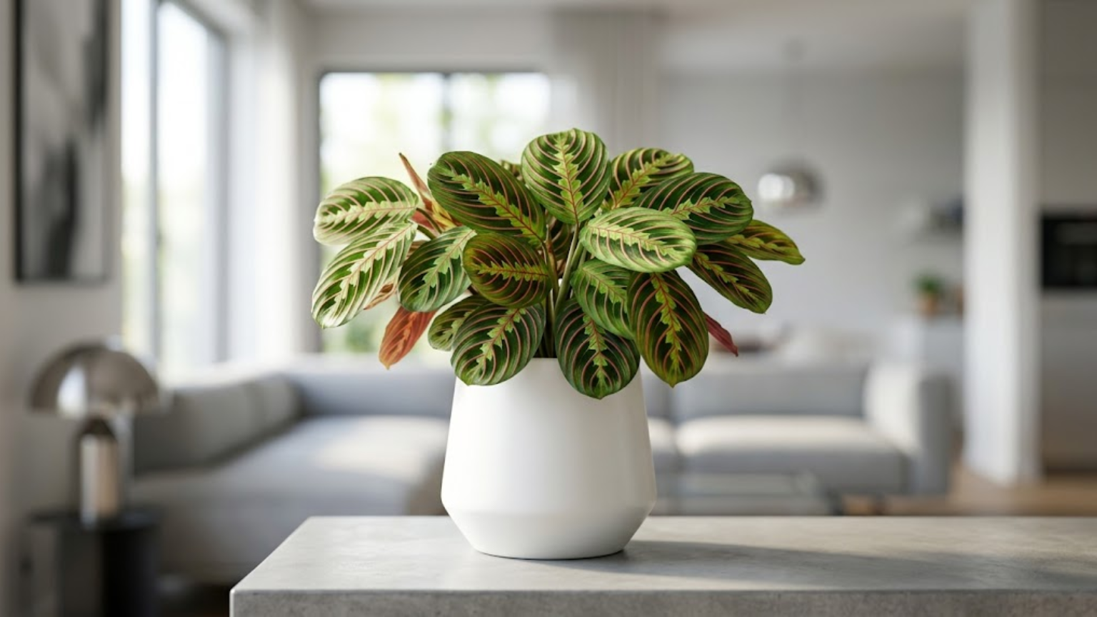 Fotografia profissional em plano médio de uma planta Maranta leuconeura erythroneura tricolor saudável e densa dentro de um vaso de cerâmica branca fosca, centralizada sobre uma bancada de concreto clean. Ao fundo, uma sala de estar moderna e iluminada por luz difusa está suavemente desfocada em efeito bokeh