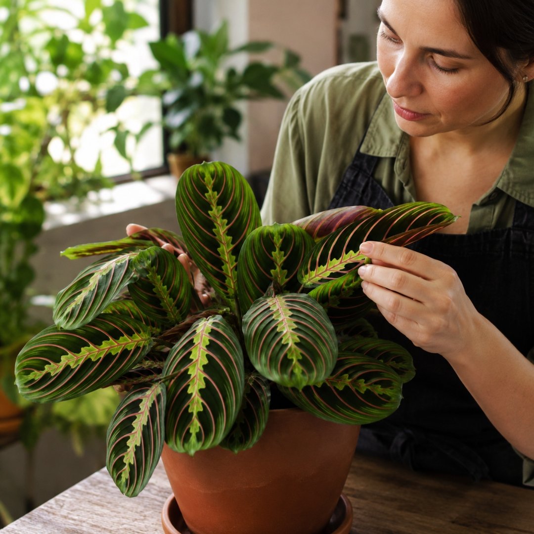 Mulher observando folhas de maranta tricolor em ambiente interno com luz indireta suave e fundo desfocado.