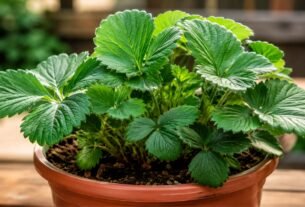 Morangueiro com folhas verdes e saudáveis em vaso, mas sem frutos, em ambiente com fundo desfocado