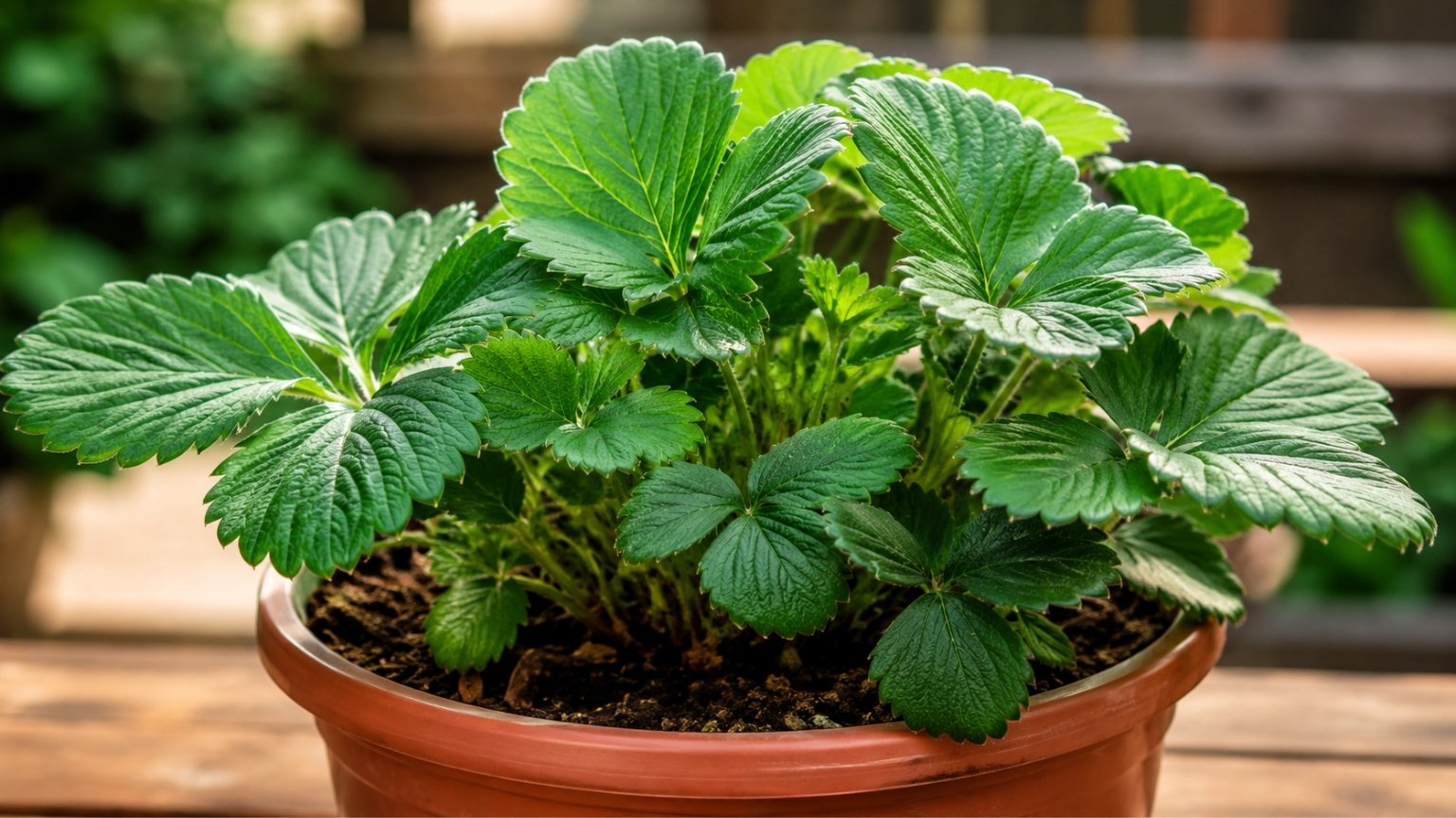 Morangueiro com folhas verdes e saudáveis em vaso, mas sem frutos, em ambiente com fundo desfocado