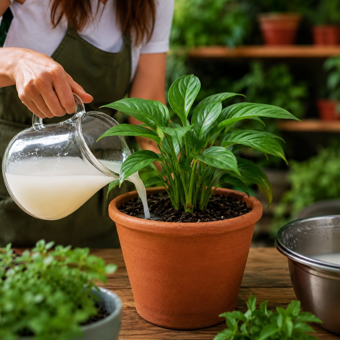 Mulher aplicando água de arroz em planta cultivada em vaso dentro de ambiente doméstico iluminado