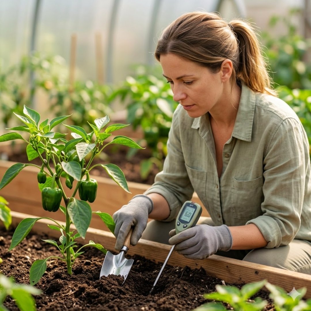 Uma pessoa de luvas de jardinagem ajoelhada, segurando uma pequena pá de metal e inserindo a sonda de um medidor de pH digital no solo escuro próximo às raízes de uma planta jovem e saudável de pimentão com pequenos pimentões em desenvolvimento