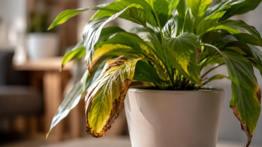 Planta ornamental em apartamento com folhas amarelando e secando nas pontas por excesso de umidade no substrato