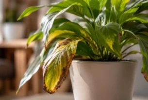Planta ornamental em apartamento com folhas amarelando e secando nas pontas por excesso de umidade no substrato