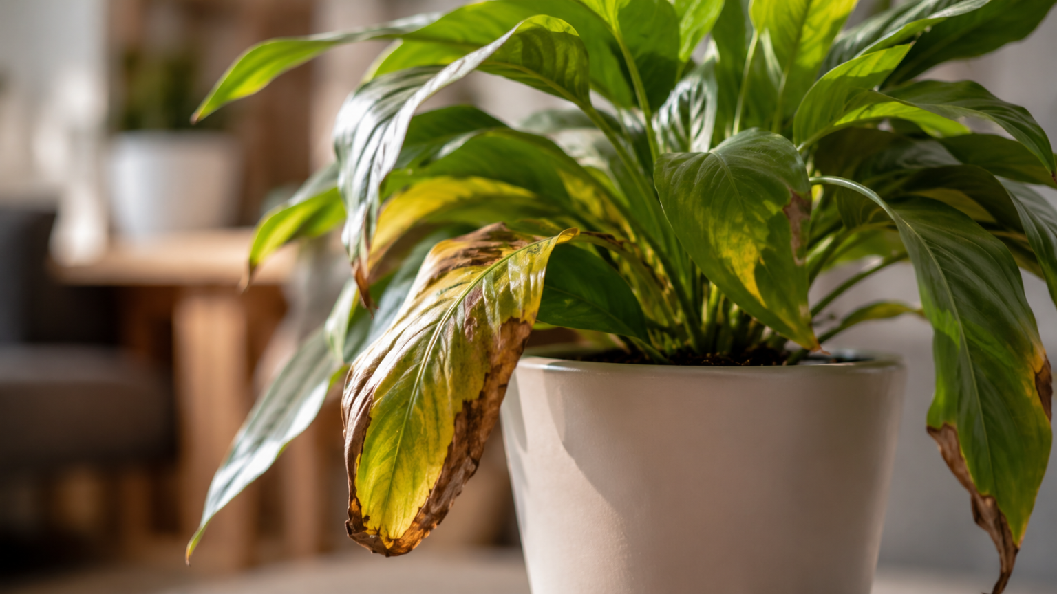 Planta ornamental em apartamento com folhas amarelando e secando nas pontas por excesso de umidade no substrato