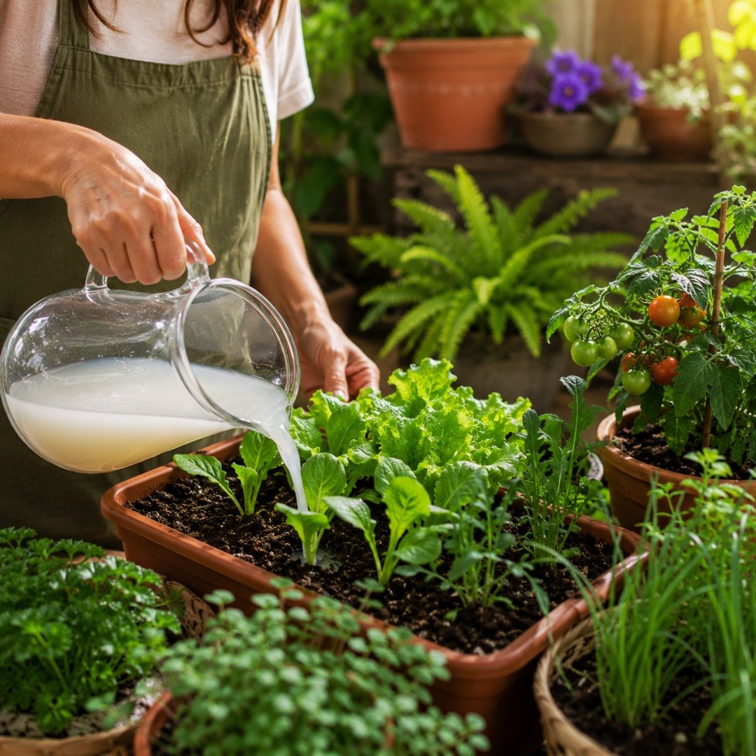 Pessoa aplicando água de arroz em hortaliças e mudas cultivadas em vasos em ambiente doméstico iluminado