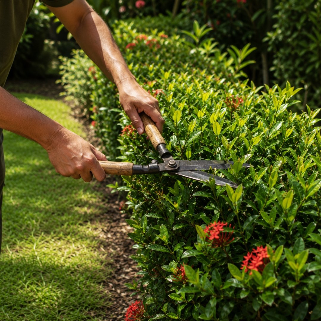 Pessoa realizando poda de manutenção em cerca-viva de ixora florida usando tesoura de jardinagem em área externa