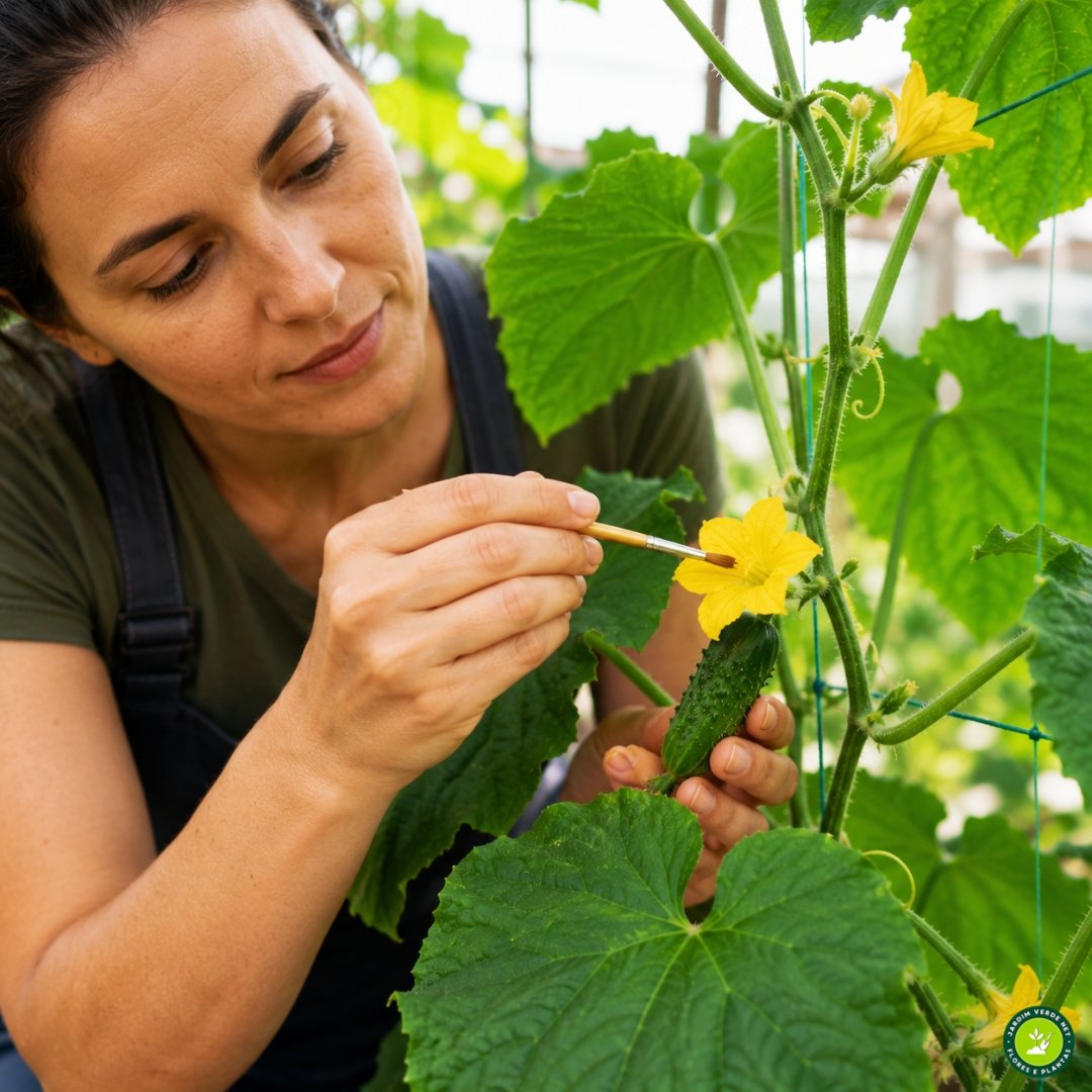 Mulher realizando polinização manual em flor de pepino usando pincel fino em cultivo tutorado