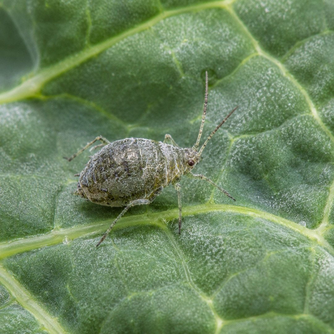 Pulgão-da-couve sobre folha de couve em foto macro para identificação da praga