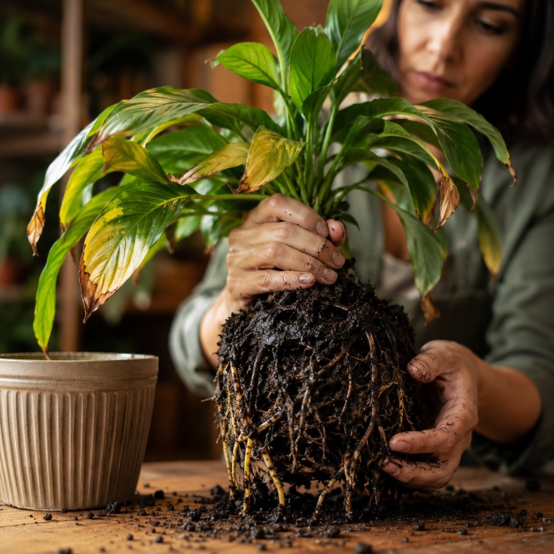 Mulher retirando planta ornamental do vaso para observar raízes encharcadas e comprometidas por excesso de água