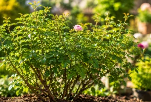 Roseira grande e saudável com poucas flores em jardim ensolarado, destacando problema de floração causado pelo solo