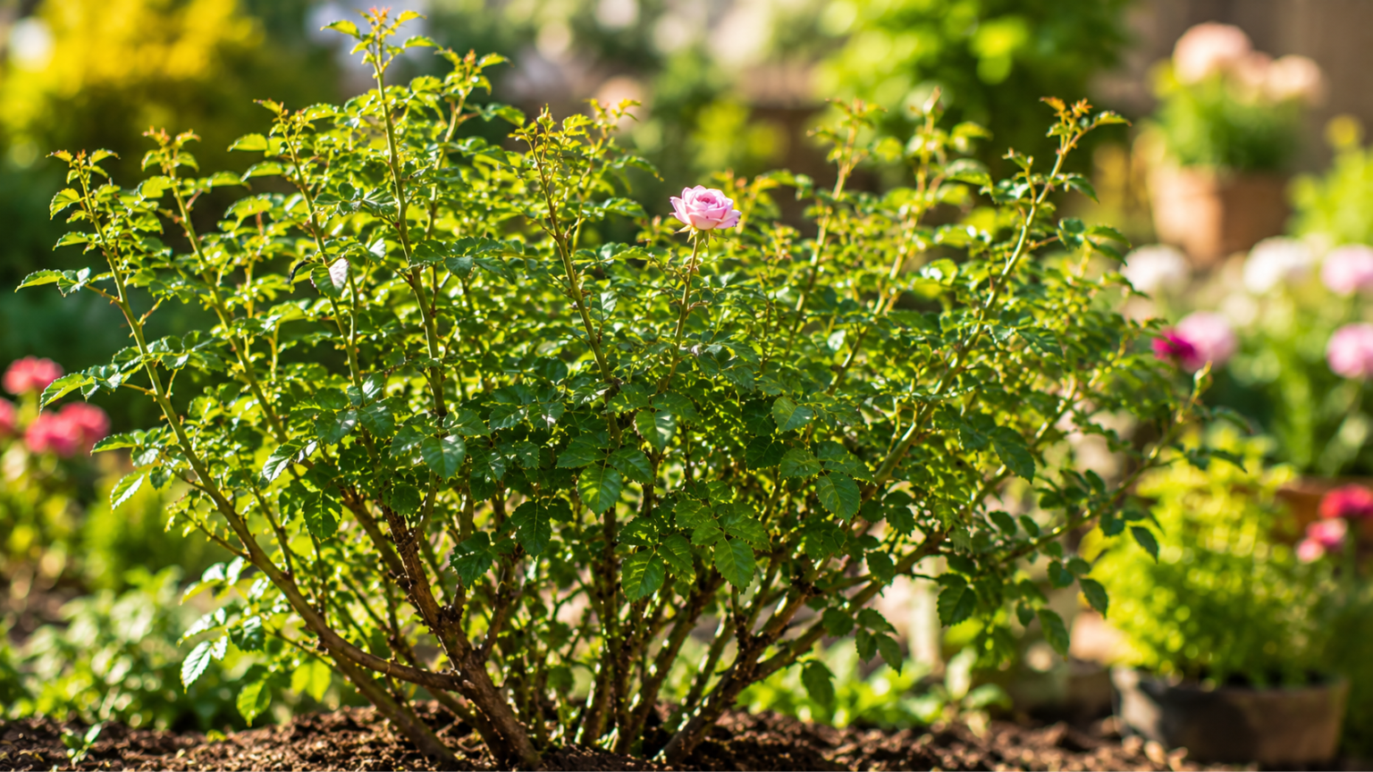 Roseira grande e saudável com poucas flores em jardim ensolarado, destacando problema de floração causado pelo solo
