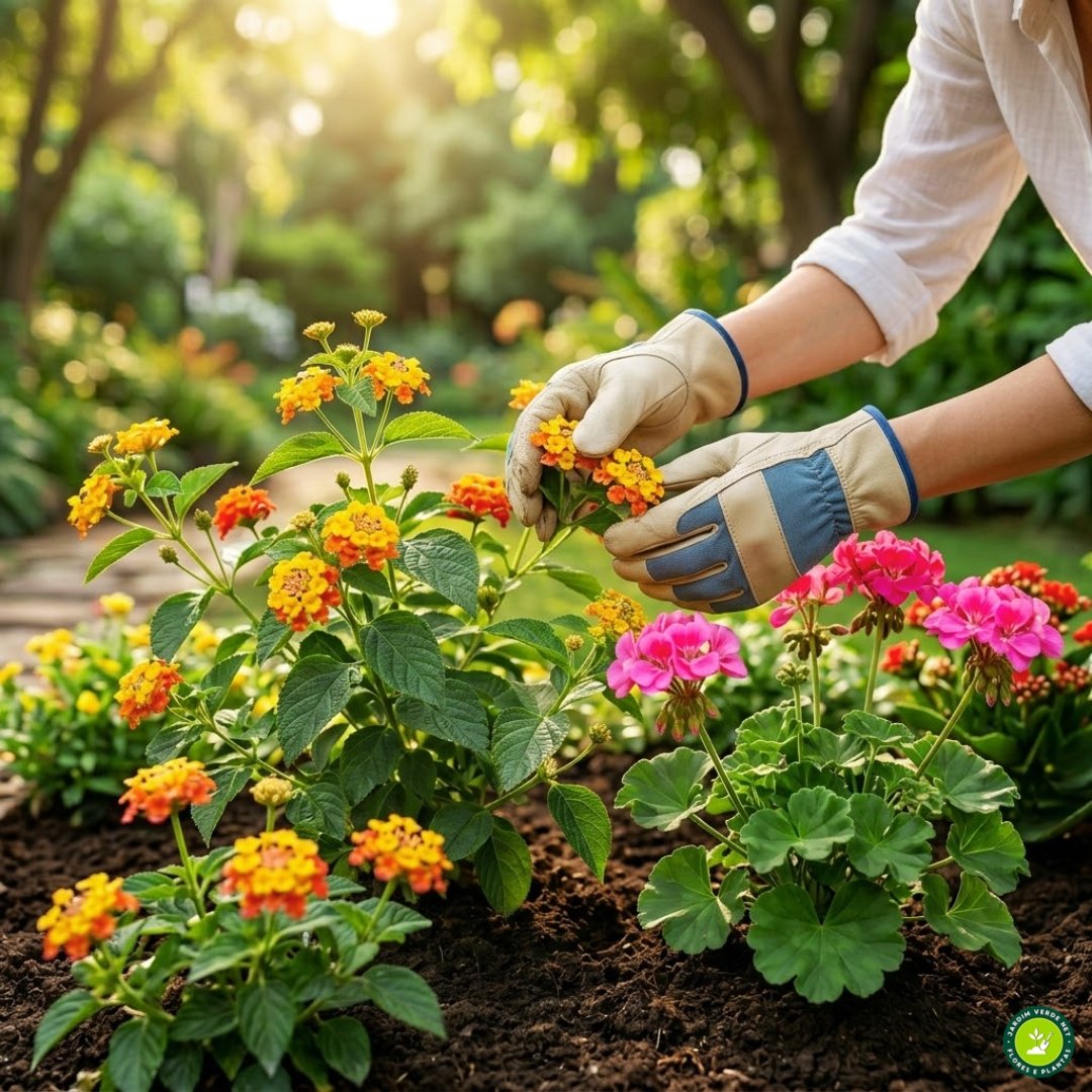 Fotografia quadrada profissional e ultrarrealista focada nas mãos de uma jardineira usando luvas bege e azuis (idênticas às de image_12.png) trabalhando em um canteiro de solo rico. À esquerda, uma robusta Lantana em plena floração amarela e laranja (verão). Ao lado, perfeitamente integrada no mesmo canteiro saudável, uma planta de Gerânio com flores rosa vibrantes (inverno), ilustrando o manejo de composição temporal e sucessão botânica