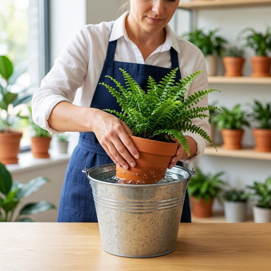Pessoa com avental azul submergindo um vaso de terracota com samambaia verde em um balde de metal com água limpa para fazer rega por imersão