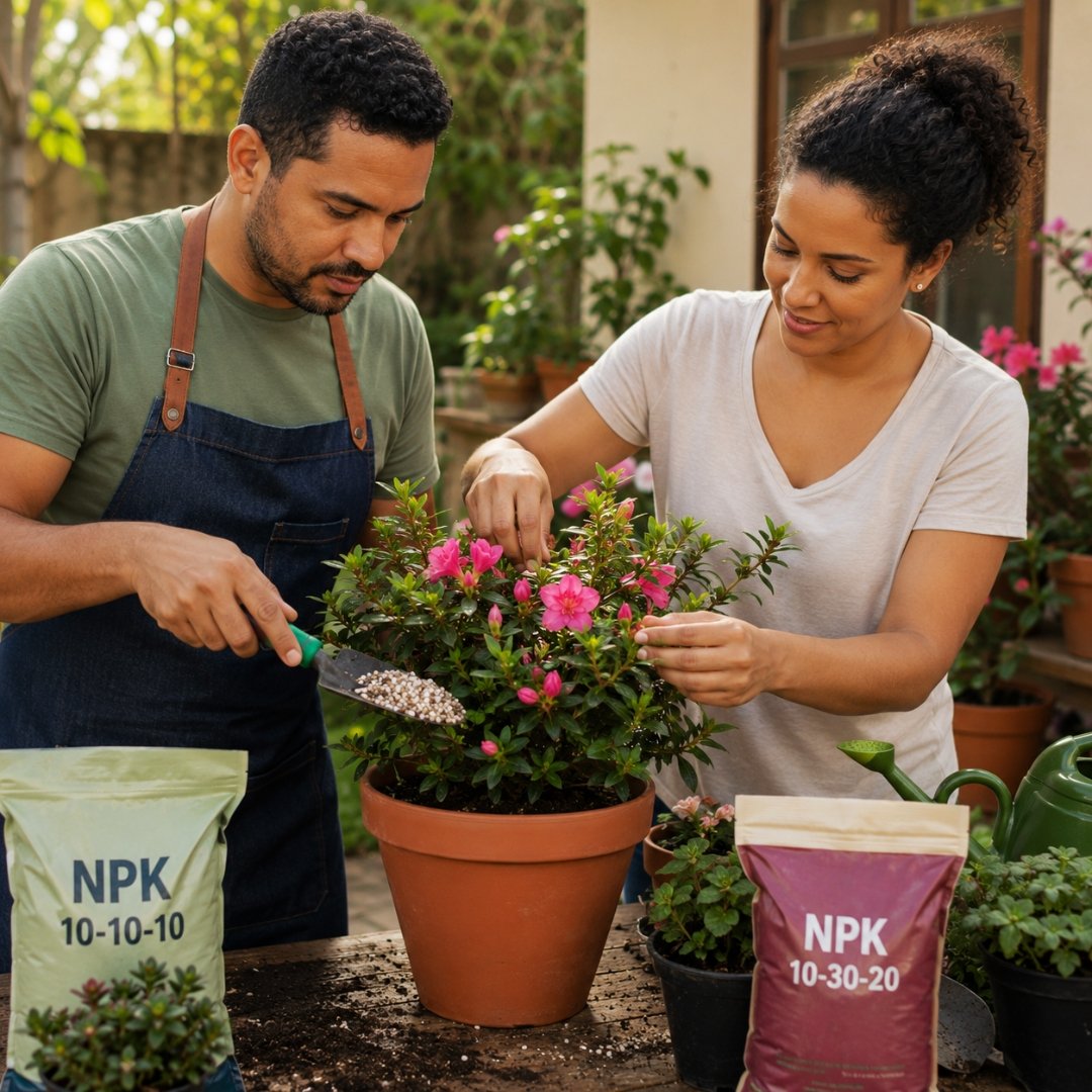 Casal moreno realizando a adubação de uma azaleia em vaso após a poda, aplicando fertilizante NPK para estimular novas brotações e favorecer a próxima floração.