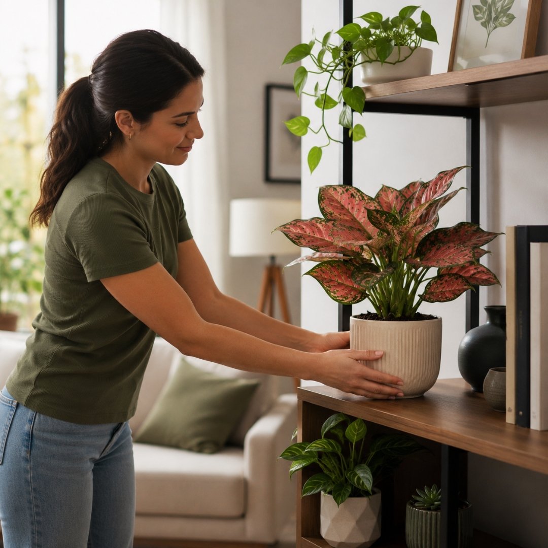 Pessoa posicionando uma Aglaonema Tigrada Chatuchak em vaso sobre uma estante próxima a uma janela bem iluminada em apartamento.