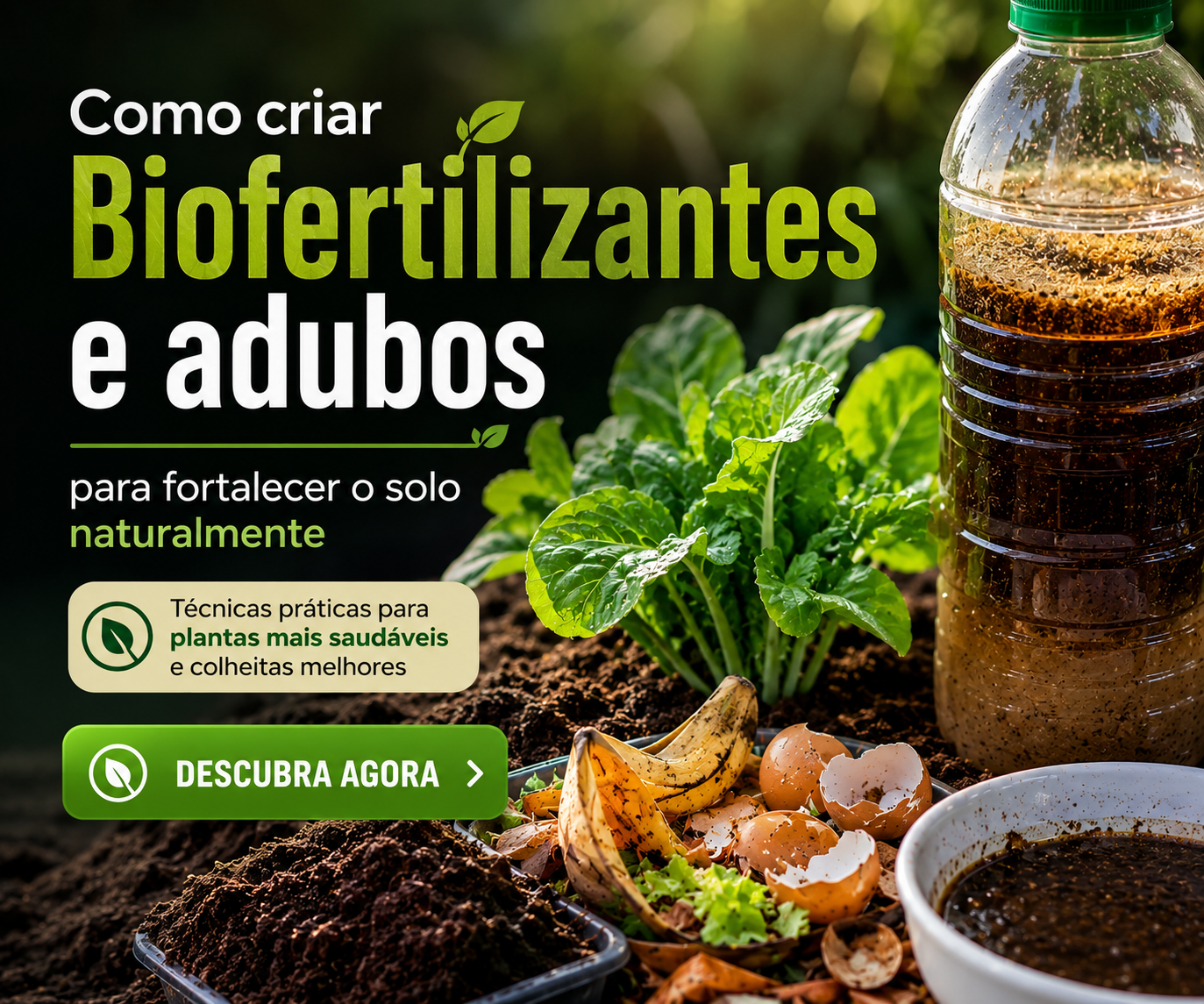 Biofertilizante líquido e composto orgânico utilizados para fortalecer o solo e melhorar o crescimento das plantas.