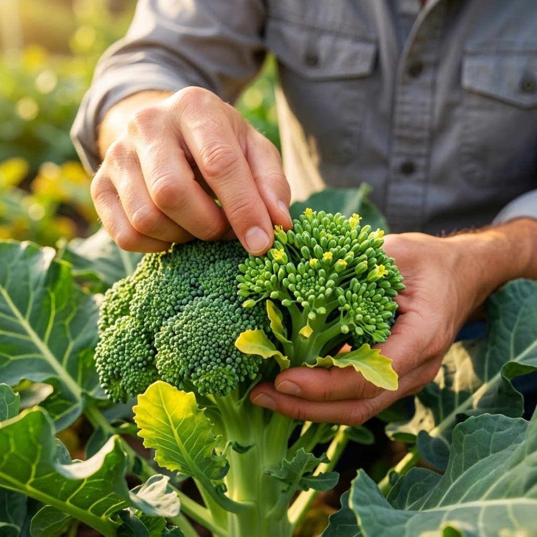 Fotografia em close de mãos limpas de um agricultor inspecionando uma cabeça de brócolis que passou do ponto, mostrando pequenos botões com flores amarelas começando a abrir
