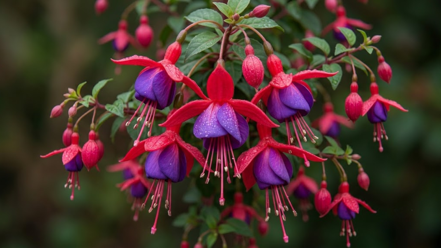 Fotografia macro de flores de brinco-de-princesa vermelhas e roxas com gotas de orvalho nas pétalas e fundo verde desfocado