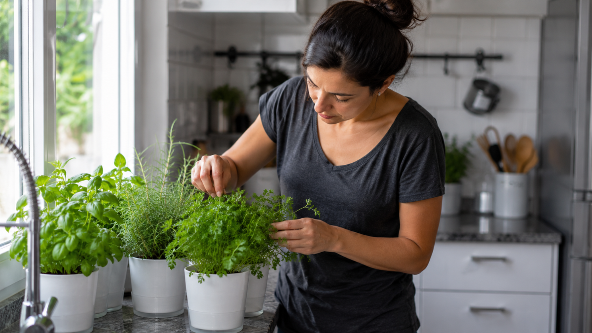 Mulher cuidando de uma horta de temperos em vasos sobre a bancada da cozinha, com manjericão, alecrim e salsinha próximos a uma janela bem iluminada.