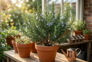 Arbusto de alecrim saudável e florido com pequenas flores azuis, plantado em um vaso de cerâmica terracota limpo sobre uma bancada de madeira em uma estufa bem iluminada.