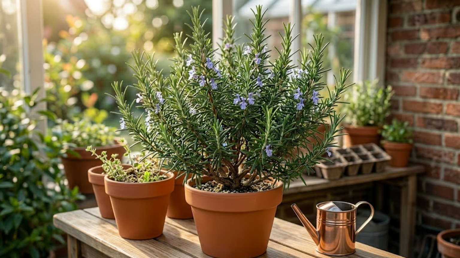 Arbusto de alecrim saudável e florido com pequenas flores azuis, plantado em um vaso de cerâmica terracota limpo sobre uma bancada de madeira em uma estufa bem iluminada.