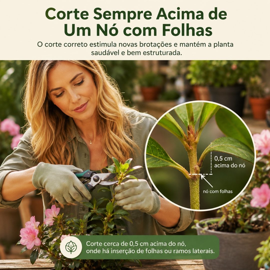 Mulher loira realizando a poda de uma azaleia, fazendo o corte logo acima de um nó com folhas para estimular novas brotações e manter a planta bem ramificada.