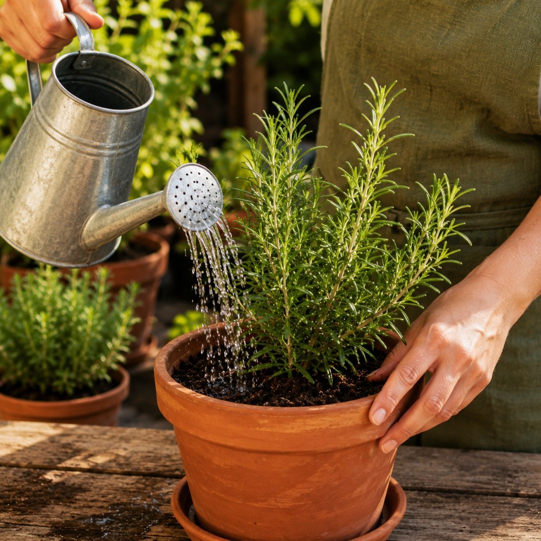 Pessoa regando um vaso de alecrim em ambiente ensolarado, demonstrando o manejo correto da irrigação para evitar excesso de água no cultivo.
