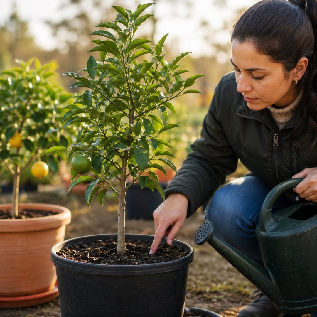 Pessoa verificando a umidade do substrato com o dedo antes de regar uma frutífera cultivada em vaso durante o inverno.