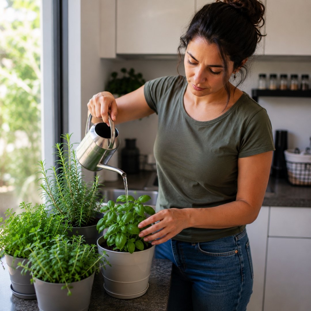 Mulher regando ervas aromáticas em vasos pela base da planta, em uma cozinha iluminada, utilizando um regador metálico para evitar molhar as folhas.