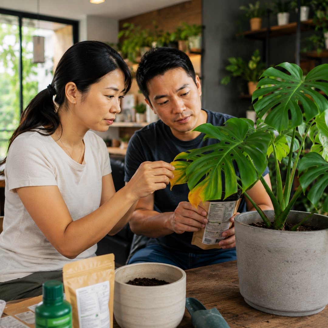 Casal oriental avaliando a adubação de uma costela-de-adão em ambiente interno enquanto observa folhas amareladas e analisa produtos para nutrição da planta.