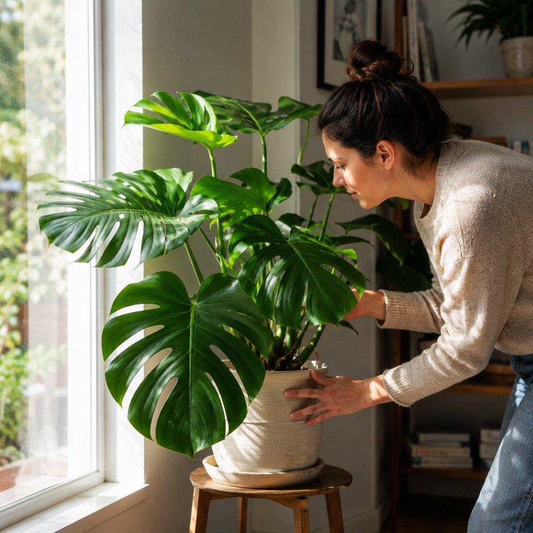 Pessoa posicionando uma planta costela-de-adão próxima a uma janela iluminada para melhorar a luminosidade da planta em ambiente interno.