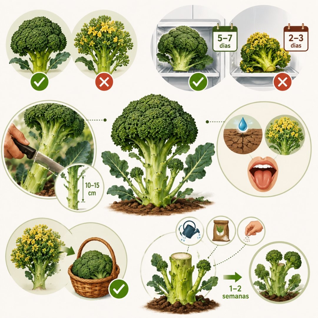 Infográfico ilustrado mostrando os principais cuidados com o brócolis, incluindo identificação do ponto de colheita, armazenamento refrigerado, corte correto da cabeça principal e estímulo à produção de brotos laterais