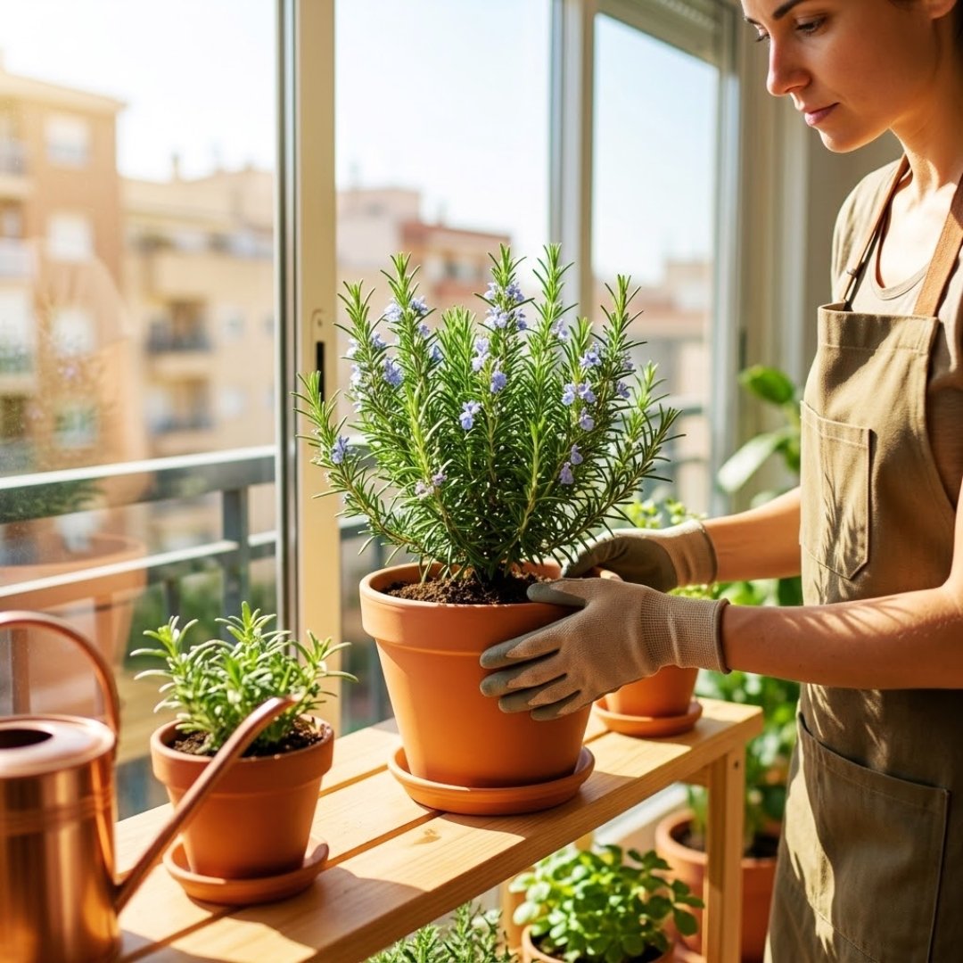 Mãos com luvas de jardinagem posicionando um vaso de cerâmica com alecrim florido em uma prateleira de madeira na sacada ensolarada de um apartamento.