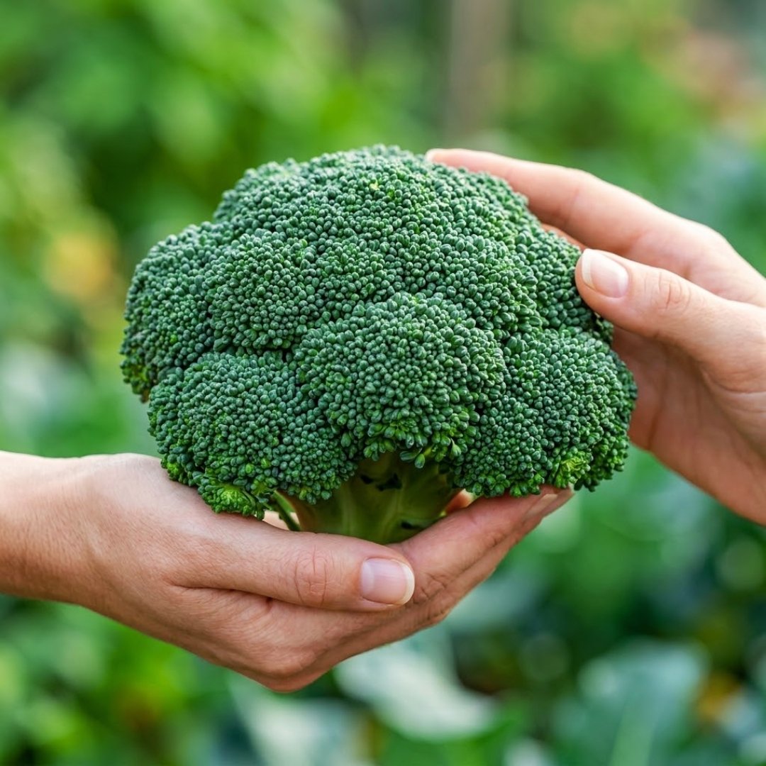 Fotografia em close de duas mãos limpas e bem cuidadas segurando uma cabeça de brócolis verde e perfeitamente compacta em um jardim desfocado