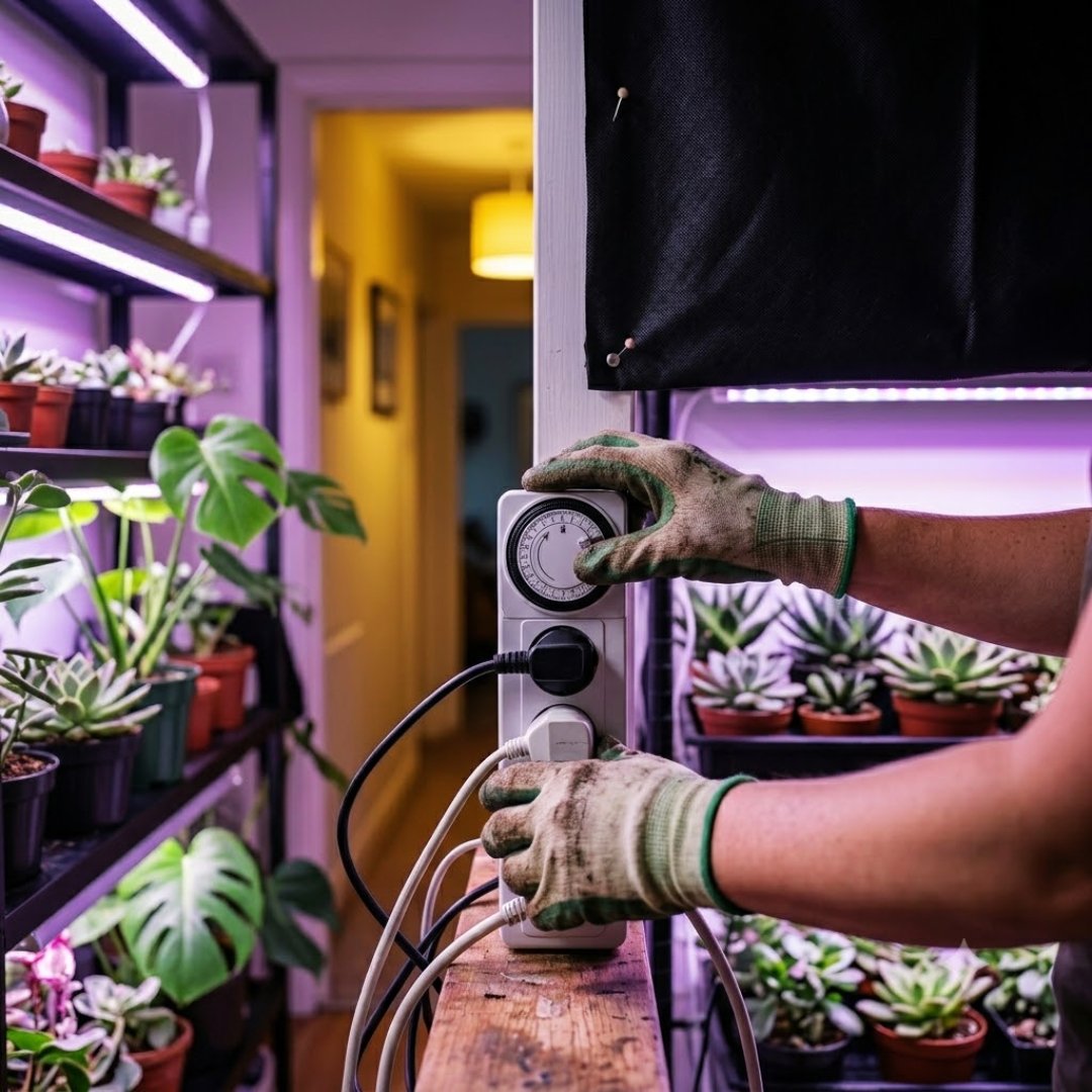 Fotografia profissional de um cultivador usando luvas e ajustando um temporizador analógico de tomada em uma régua de energia, com prateleiras de cultivo indoor iluminadas por luzes LED de crescimento ao fundo.