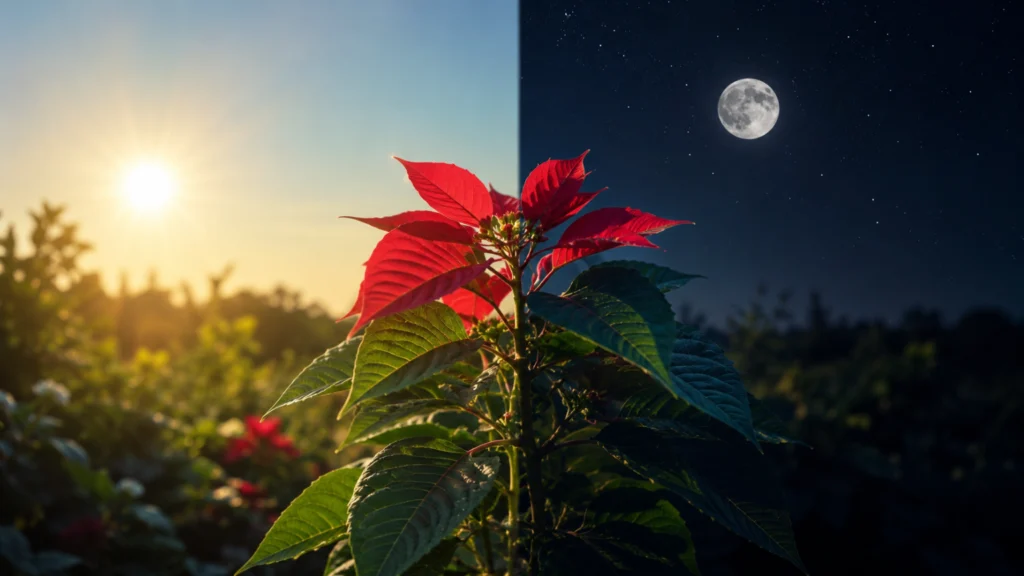 Poinsétia iluminada pelo sol e pela noite em composição que representa o fotoperiodismo e a influência da luz no florescimento das plantas.