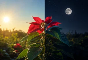 Poinsétia iluminada pelo sol e pela noite em composição que representa o fotoperiodismo e a influência da luz no florescimento das plantas.