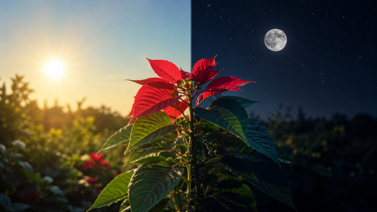 Poinsétia iluminada pelo sol e pela noite em composição que representa o fotoperiodismo e a influência da luz no florescimento das plantas.