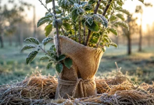 Muda de frutífera protegida contra o frio do inverno com cobertura orgânica ao redor da base e folhas cobertas por geada em um pomar.