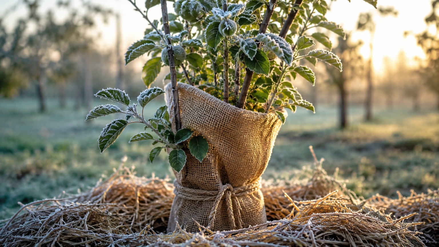 Muda de frutífera protegida contra o frio do inverno com cobertura orgânica ao redor da base e folhas cobertas por geada em um pomar.