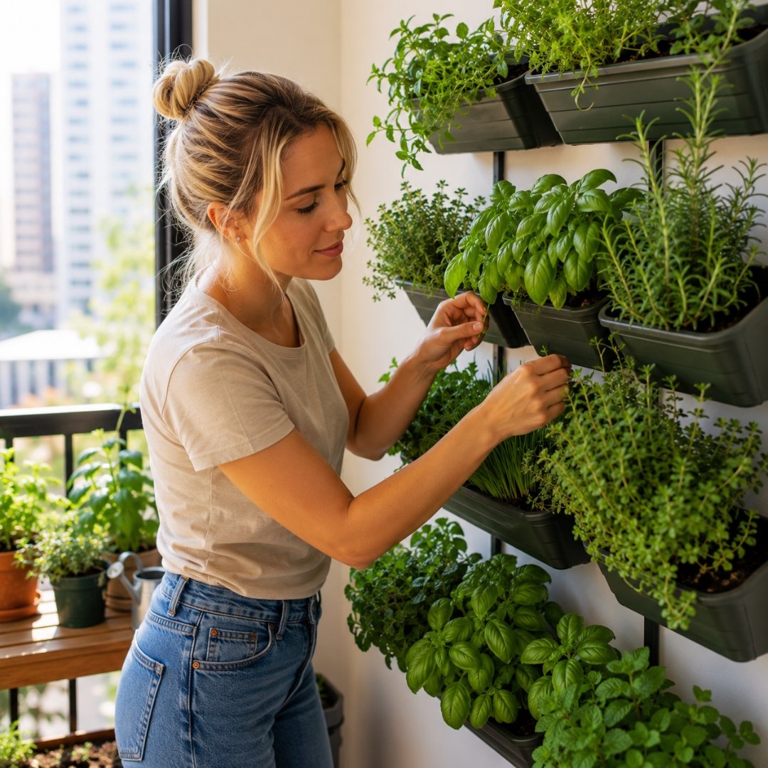 Mulher loira organizando e cuidando de uma horta vertical de temperos instalada na parede de um apartamento com boa iluminação natural.