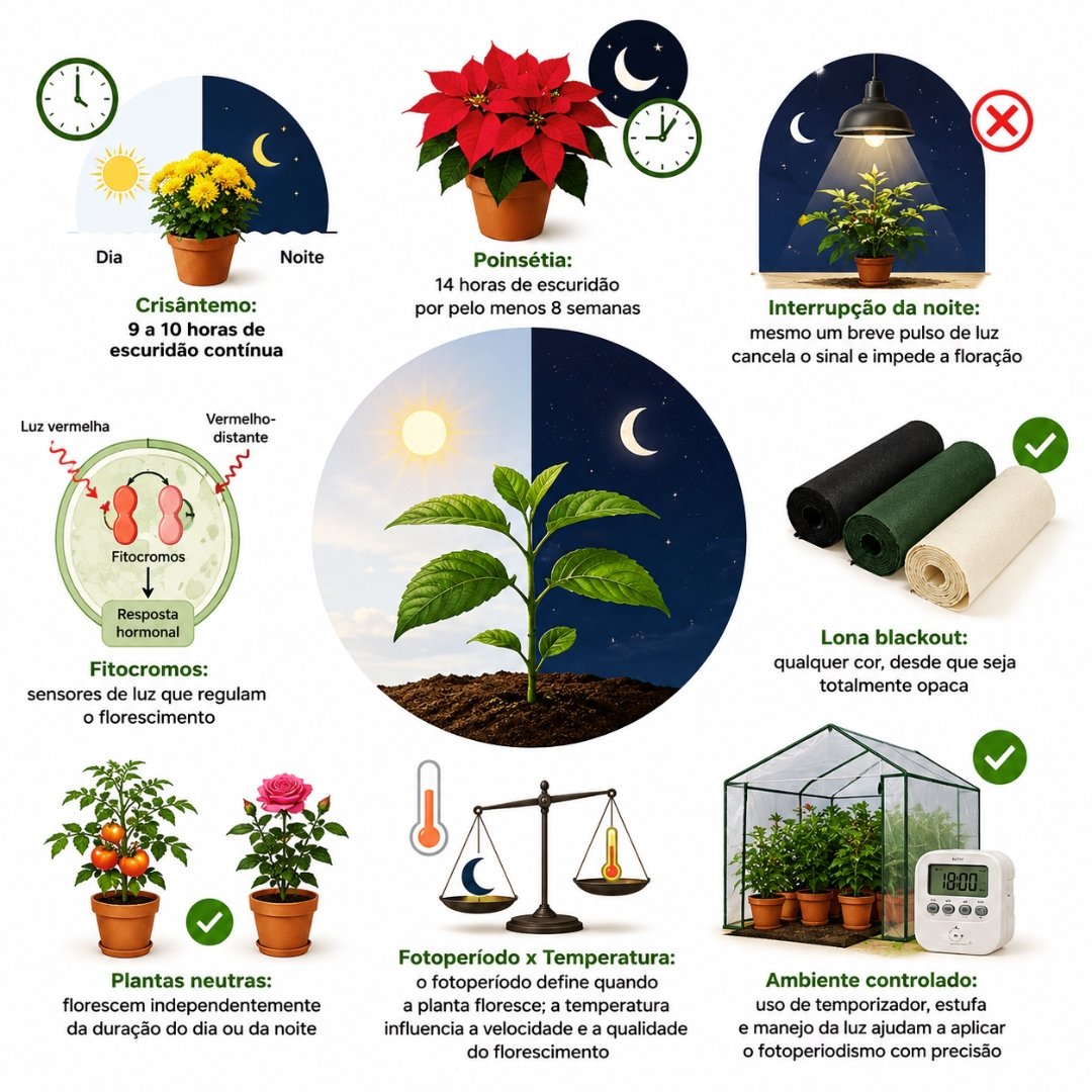 Infográfico ilustrado mostrando como fotoperiodismo, fitocromos, escuridão contínua e controle da luz influenciam o florescimento das plantas ornamentais.