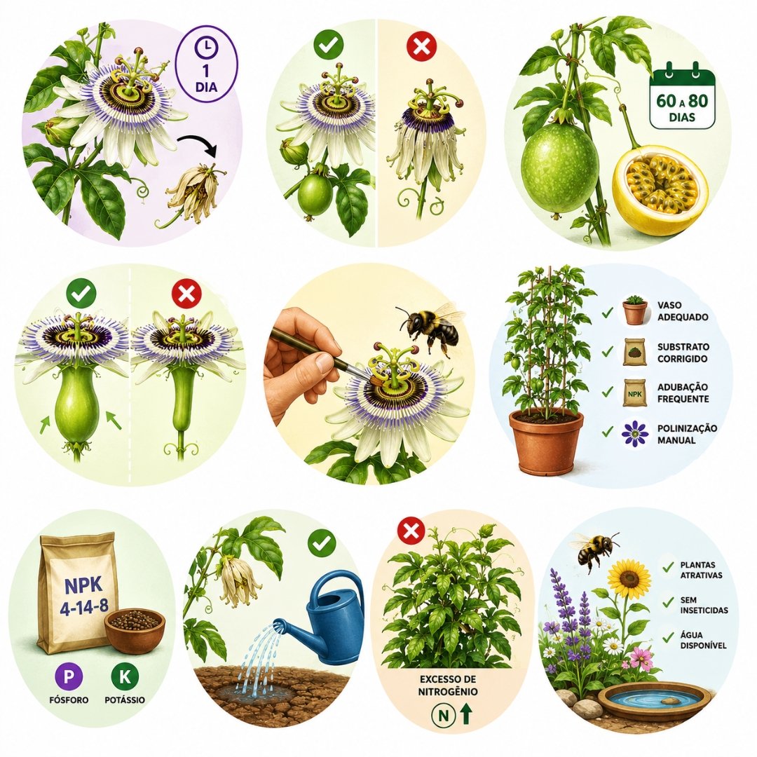 Infográfico ilustrado mostrando os principais fatores que influenciam a frutificação do maracujazeiro, incluindo polinização, irrigação, adubação e manejo.