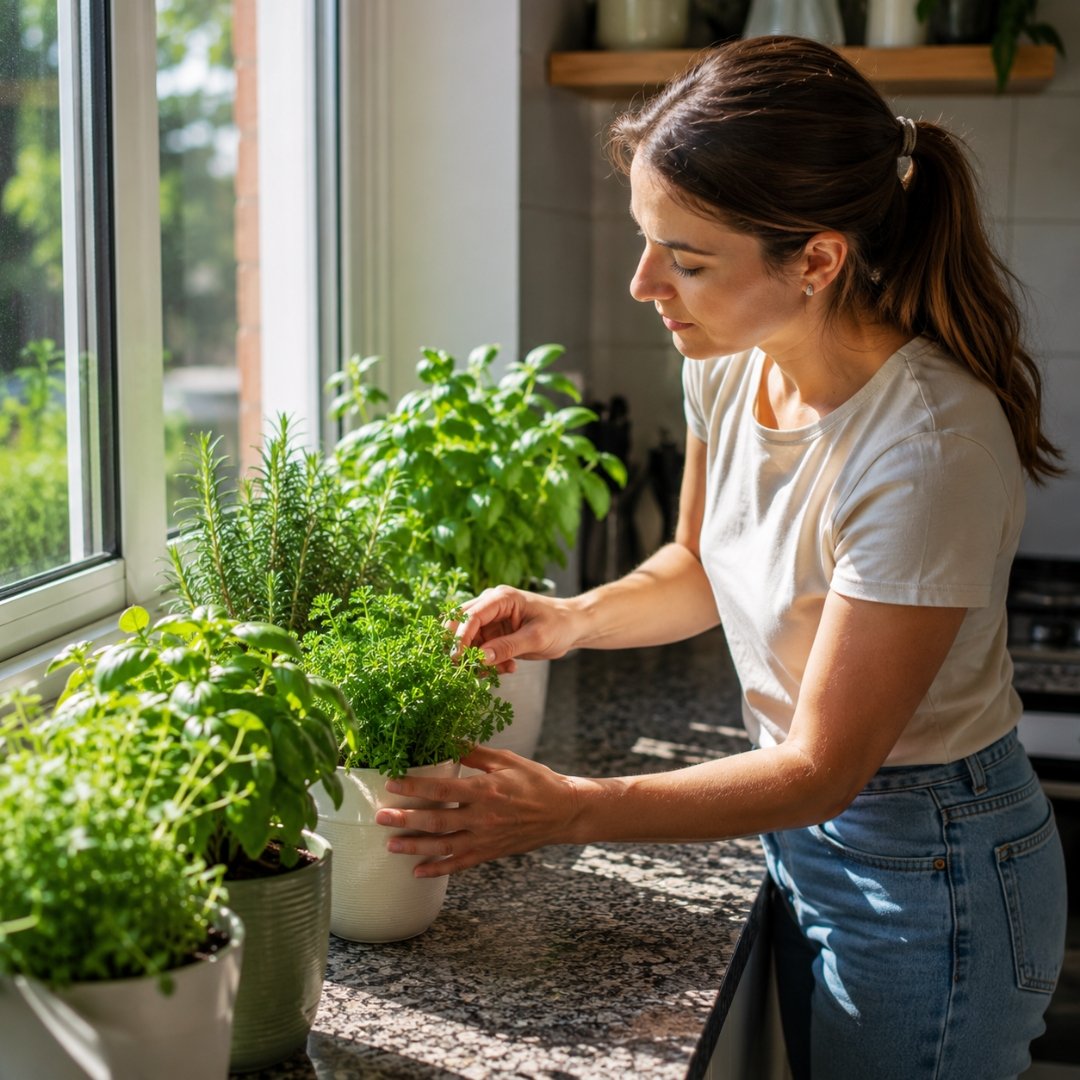 Pessoa posicionando vasos com ervas aromáticas próximas a uma janela ensolarada em uma cozinha moderna para garantir boa luminosidade no cultivo doméstico.