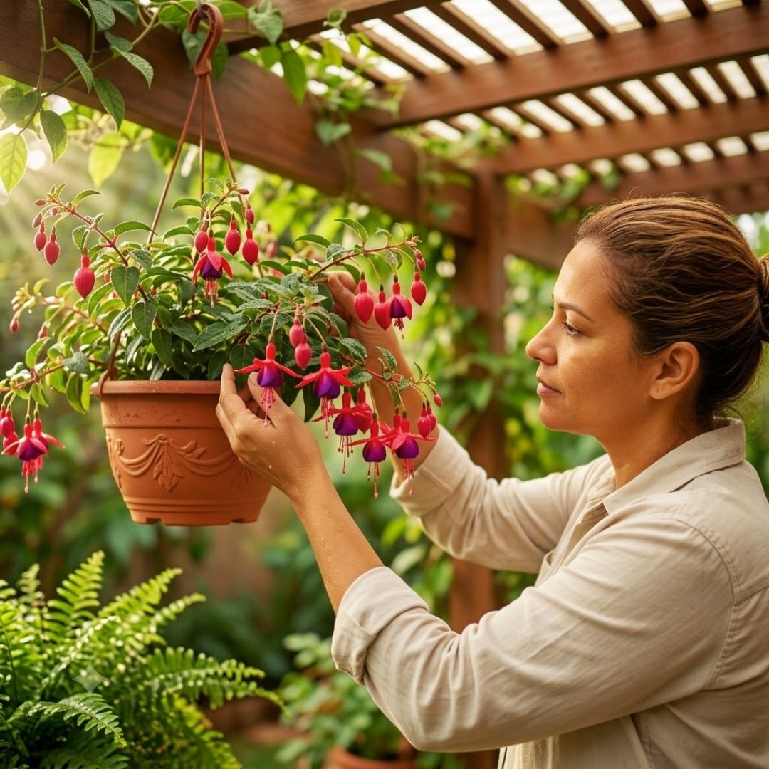 Mulher em um jardim sob pergolado de madeira ajustando as flores de um vaso suspenso de brinco-de-princesa vermelho e roxo