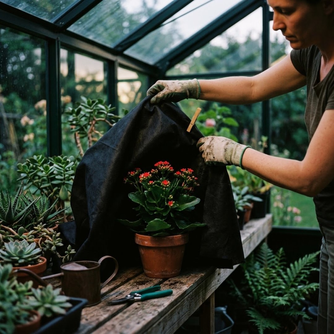 Fotografia ultrarrealista de uma jardineira usando luvas e segurando um tecido blackout preto para cobrir cuidadosamente uma planta Kalanchoe florida em um vaso de terracota dentro de uma estufa doméstica ao anoitecer, manipulando o fotoperíodo.